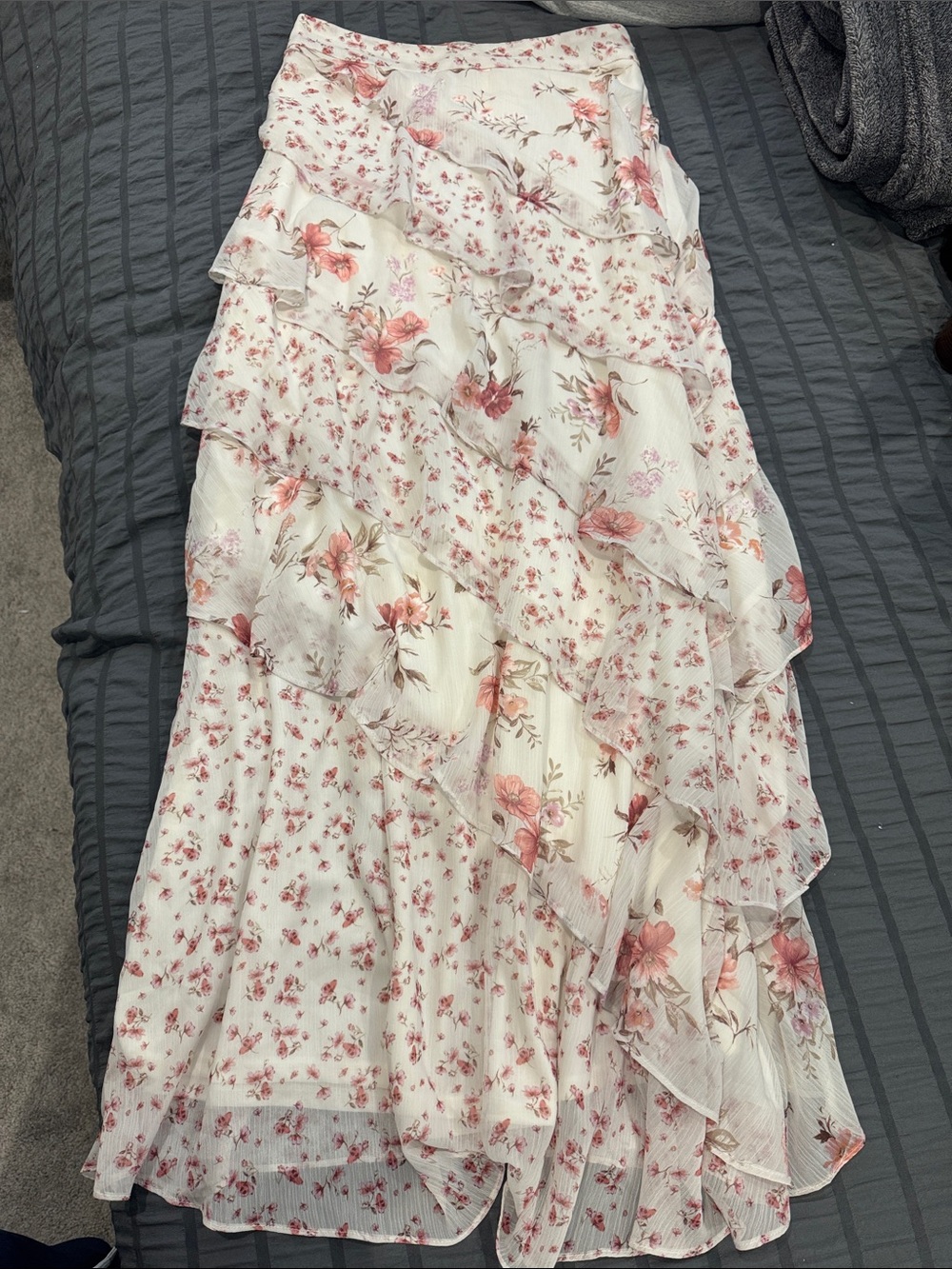 Altar'd State White Maxi Skirt with Pink Floral Ruffle